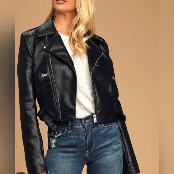 Lulu's Off The Edge Black Vegan Leather Moto Jacket Women's Size M NWT - Picture 1 of 9